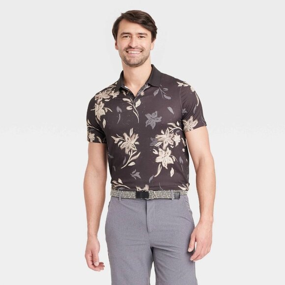 Medium - Mens Floral Print Textured Polo Shirt - All In Motion - Black - Picture 6 of 6